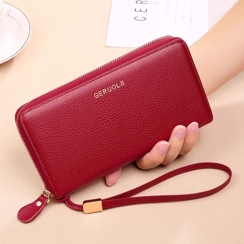 GERUOLA Anti-Theft RFID Blocking Long Sleeve Wallet with Zipper Closure, Red Genuine Leather Money Clip with Zipper Pocket, Dura