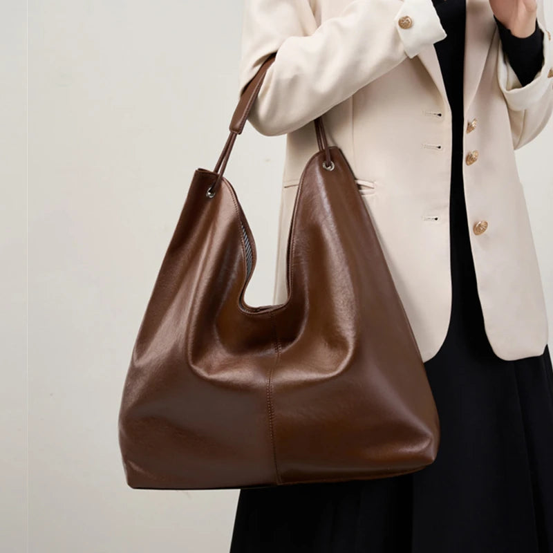 BURMINSA Large Genuine Leather Hobo Shoulder Bag For Women Slouchy Cowhide Work Tote Office Commuter Shopper Underarm Handbags