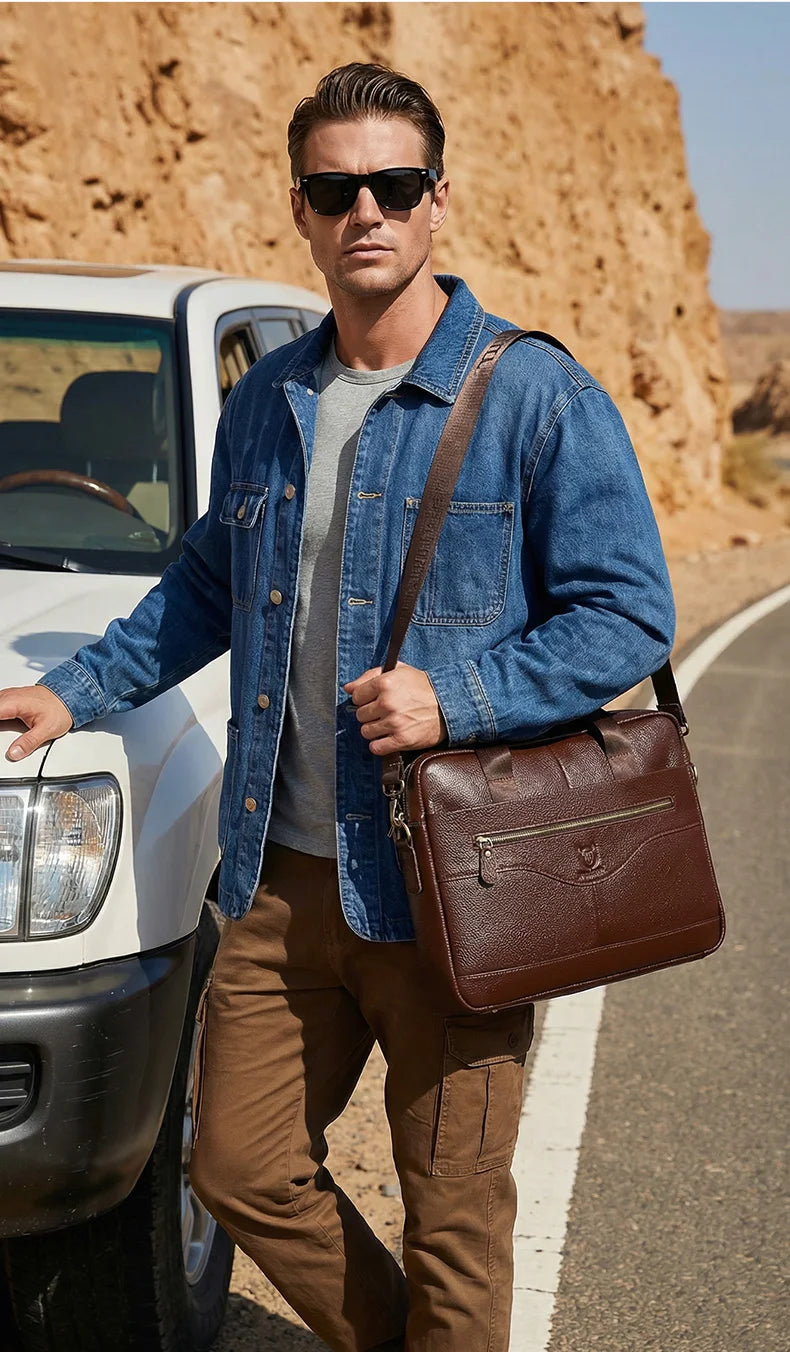 BULLCAPTAIN Briefcase Shoulder Messenger Bags Men's Genuine Leather 14-inch Laptop Bag's Men's Briefcase Office Business Handbag
