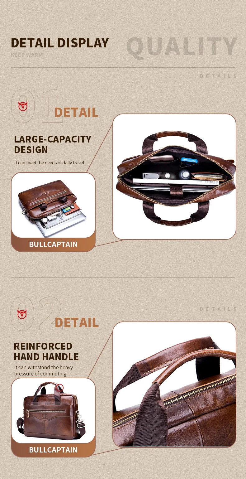 BULLCAPTAIN Briefcase Shoulder Messenger Bags Men's Genuine Leather 14-inch Laptop Bag's Men's Briefcase Office Business Handbag