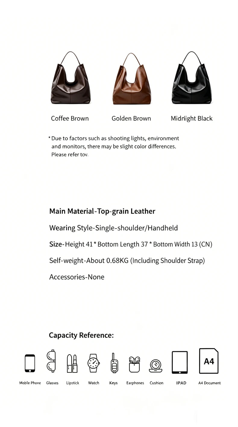 BURMINSA Large Genuine Leather Hobo Shoulder Bag For Women Slouchy Cowhide Work Tote Office Commuter Shopper Underarm Handbags