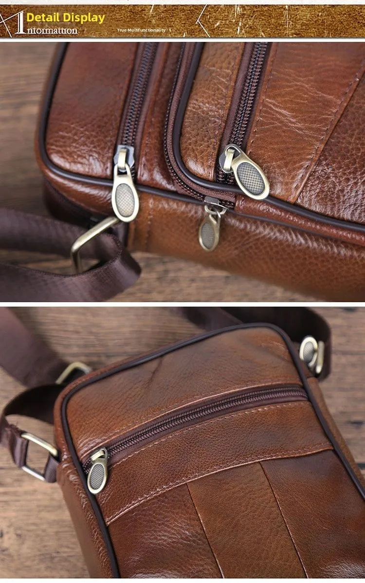 Genuine Leather Men's Shoulder Bag Cowhide Crossbody Business Backpack Multi-Layered Briefcase American Retro Style