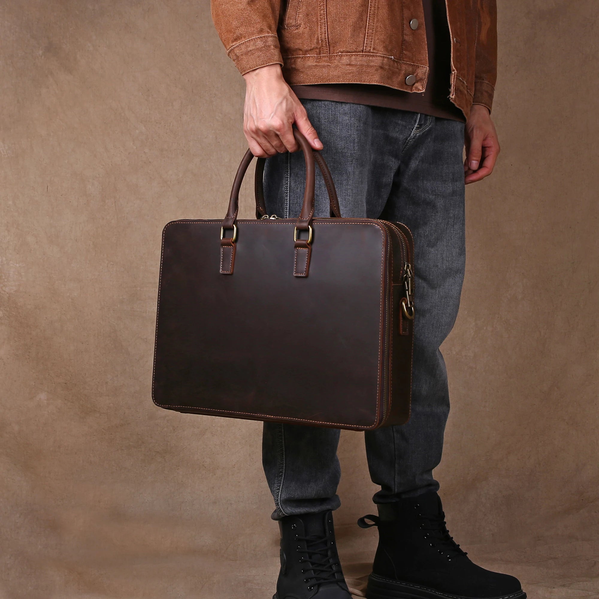 Original Business Casual Genuine Leather Briefcase, Hand-Held Bag, Top Layer Cowhide Computer Bag, Single-Shoulder Bag