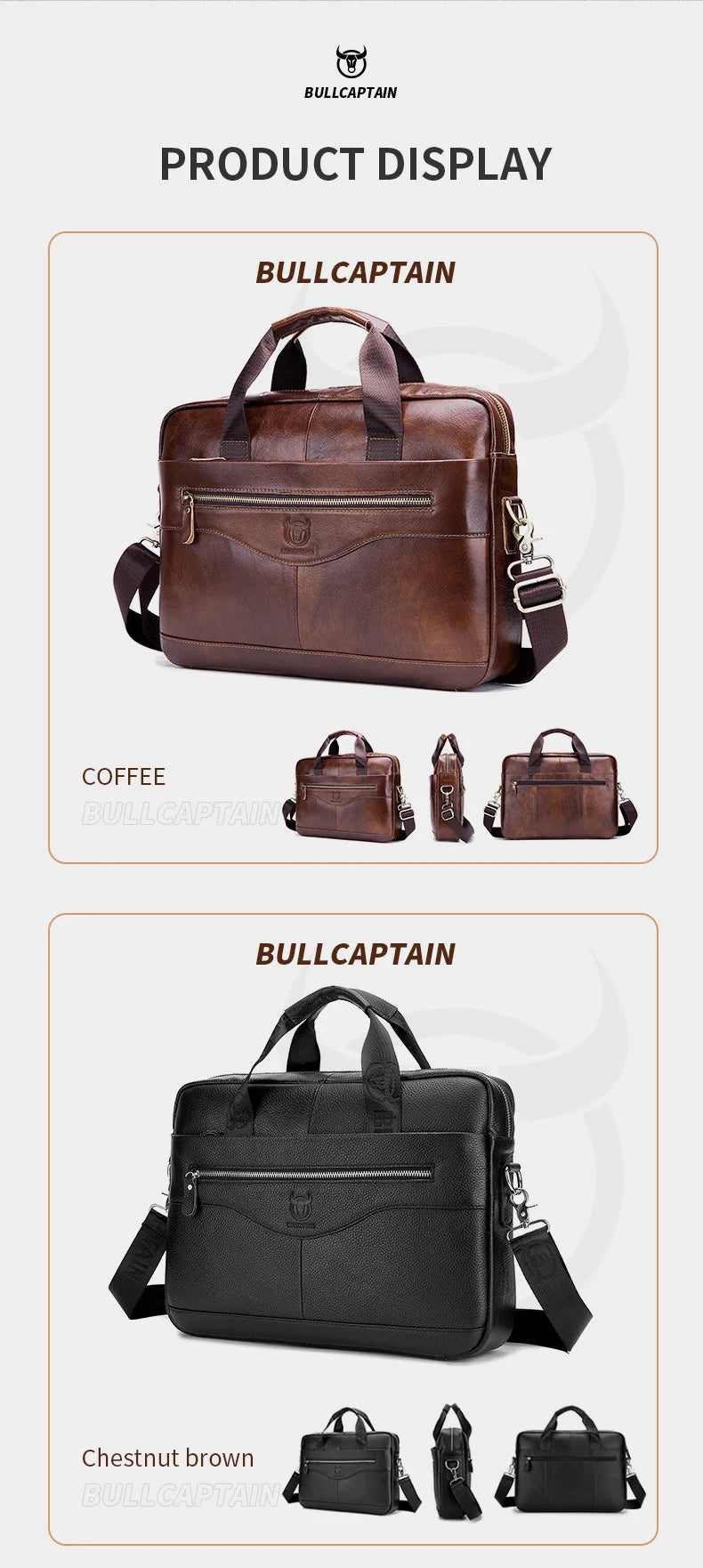 BULLCAPTAIN Briefcase Shoulder Messenger Bags Men's Genuine Leather 14-inch Laptop Bag's Men's Briefcase Office Business Handbag
