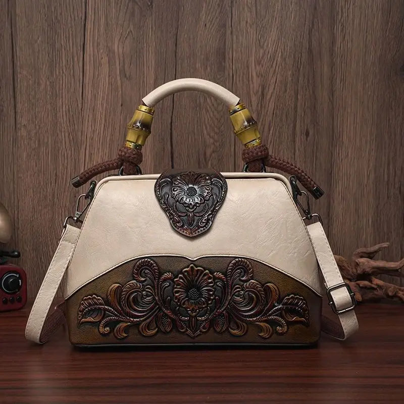 The New Ethnic Style Embossed Cowhide Boston Bag Fashion Handbag Women Trendy Crossbody Bags Mothers High-end Women Package