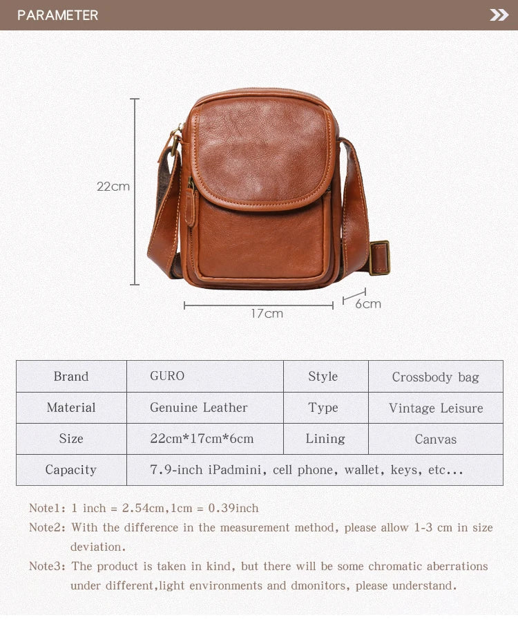 GURO High Quality Head Layer Cowhide Shoulder Bag Men's Genuine Leather Small Crossbody Man's Luxury Satchel Daily Mobile Pouch