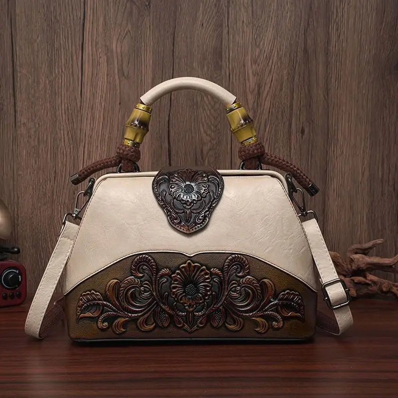 The New Ethnic Style Embossed Cowhide Boston Bag Fashion Handbag Women Trendy Crossbody Bags Mothers High-end Women Package