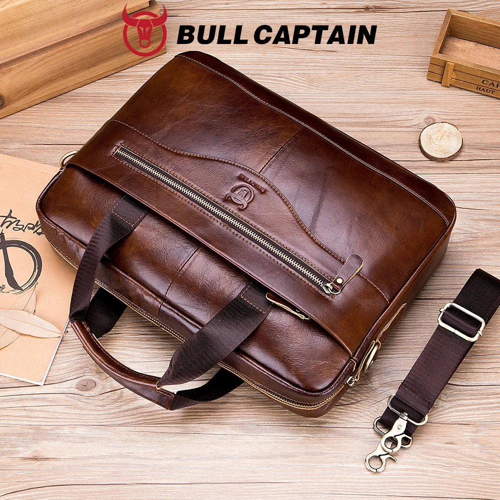 BULLCAPTAIN Briefcase Shoulder Messenger Bags Men's Genuine Leather 14-inch Laptop Bag's Men's Briefcase Office Business Handbag