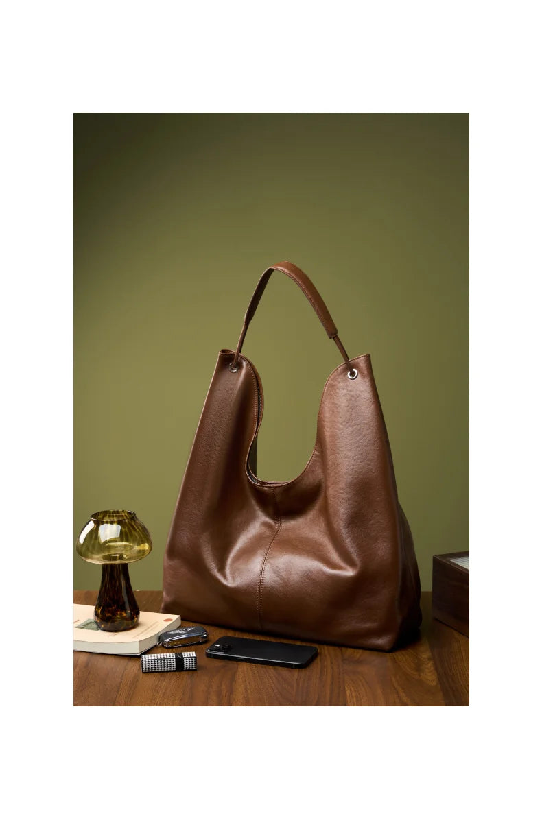 BURMINSA Large Genuine Leather Hobo Shoulder Bag For Women Slouchy Cowhide Work Tote Office Commuter Shopper Underarm Handbags