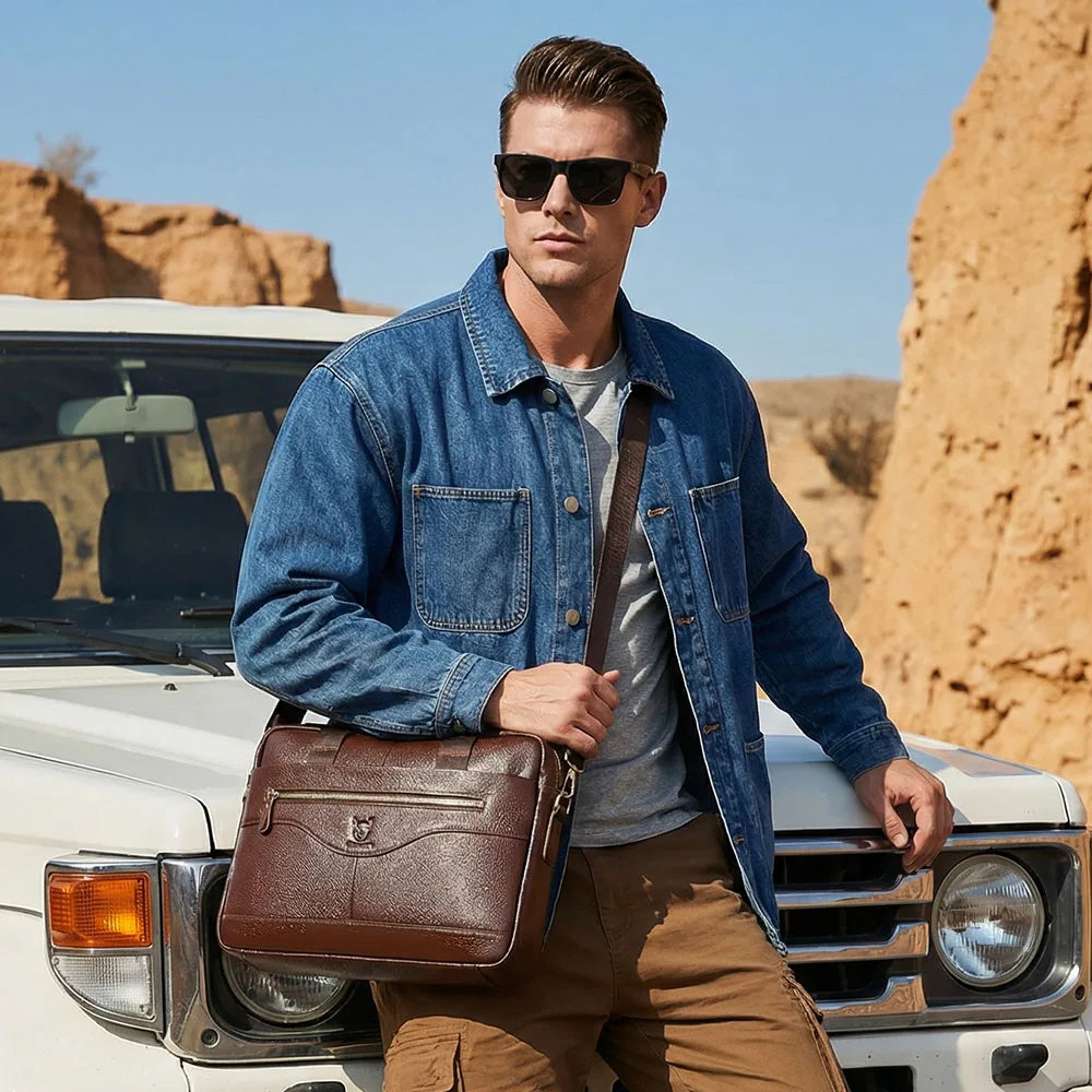 BULLCAPTAIN Briefcase Shoulder Messenger Bags Men's Genuine Leather 14-inch Laptop Bag's Men's Briefcase Office Business Handbag