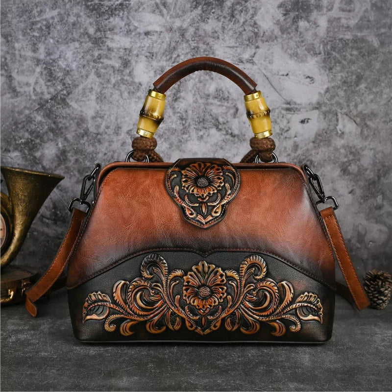 The New Ethnic Style Embossed Cowhide Boston Bag Fashion Handbag Women Trendy Crossbody Bags Mothers High-end Women Package