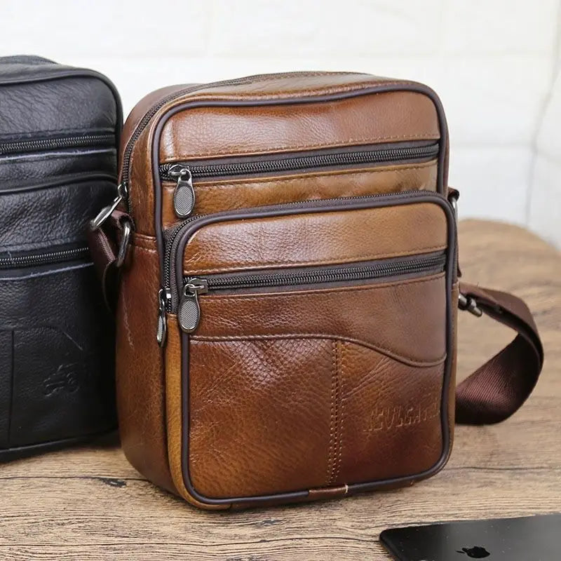 Genuine Leather Men's Shoulder Bag Cowhide Crossbody Business Backpack Multi-Layered Briefcase American Retro Style