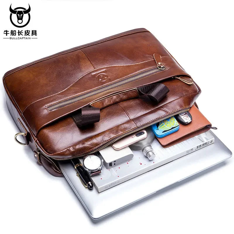 BULLCAPTAIN Cow Leather Briefcase Men Handbags High Quality Business Laptop Massager Bag Men Brand Real Leather Handbags