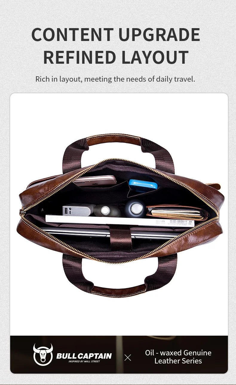 BULLCAPTAIN Briefcase Shoulder Messenger Bags Men's Genuine Leather 14-inch Laptop Bag's Men's Briefcase Office Business Handbag