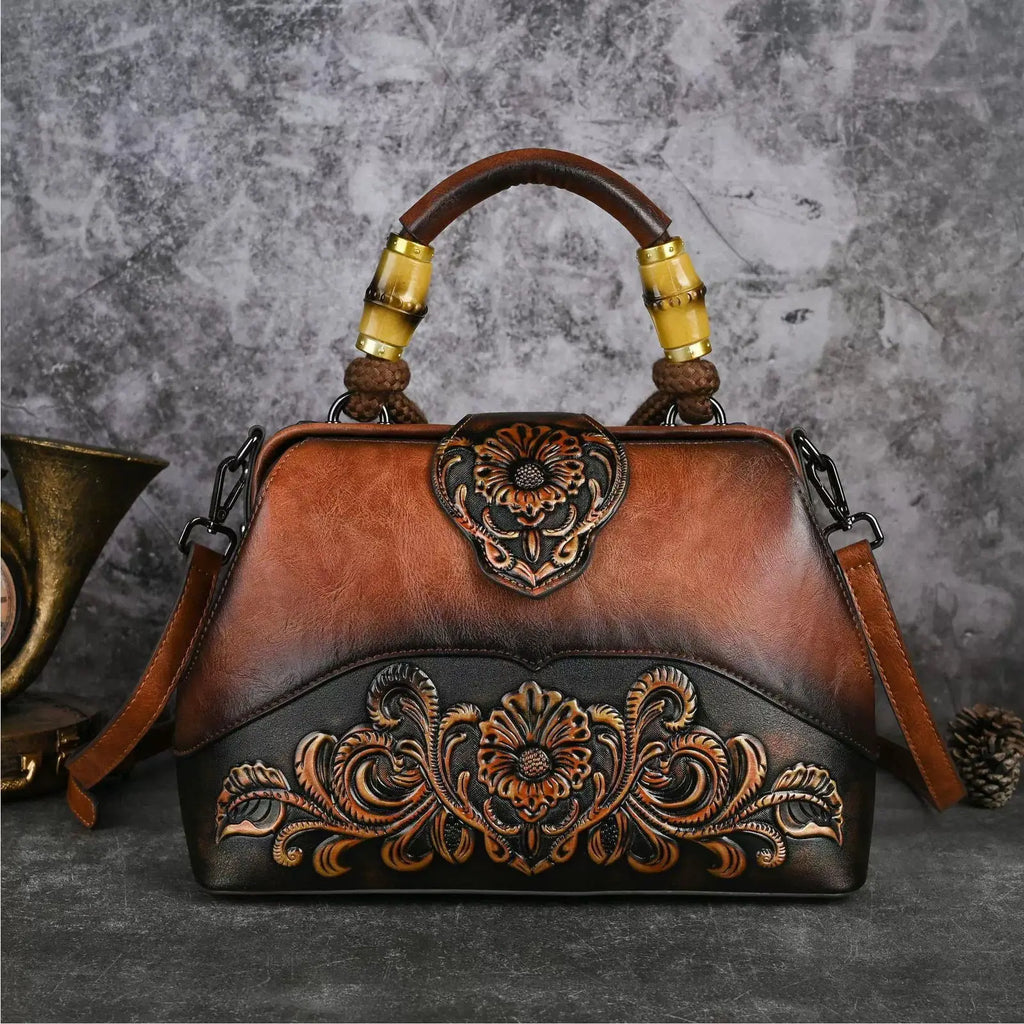 The New Ethnic Style Embossed Cowhide Boston Bag Fashion Handbag Women Trendy Crossbody Bags Mothers High-end Women Package