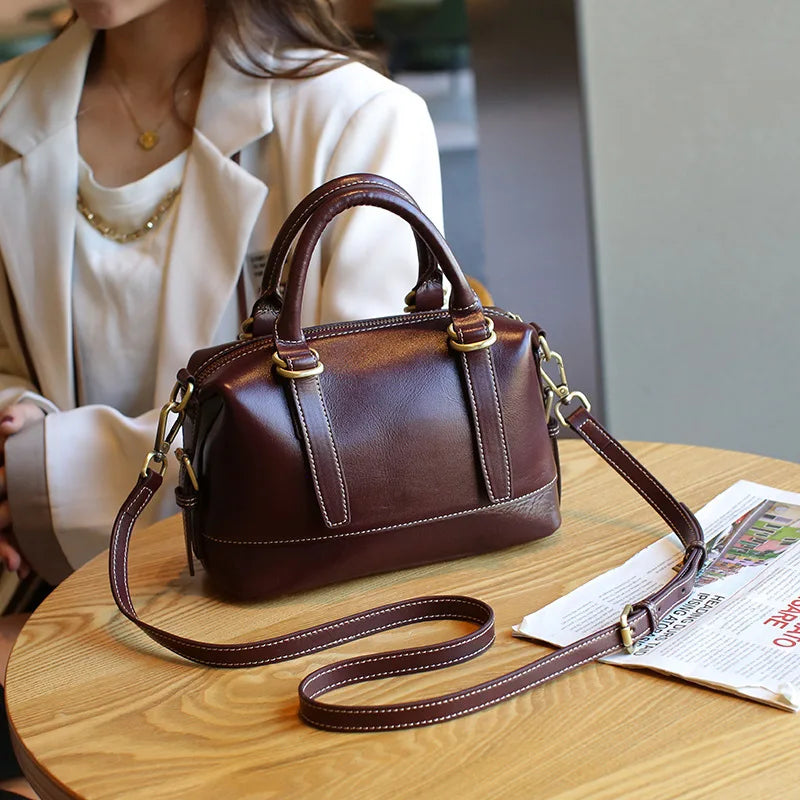 New Genuine Leather Boston Bag for Women First Layer Cowhide Shoulder Crossbody Handbag Elegant Versatile Top Handle Purse