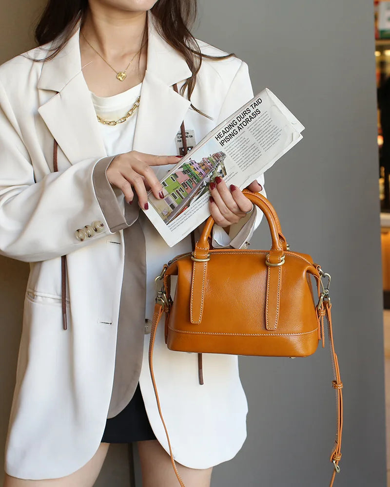 New Genuine Leather Boston Bag for Women First Layer Cowhide Shoulder Crossbody Handbag Elegant Versatile Top Handle Purse