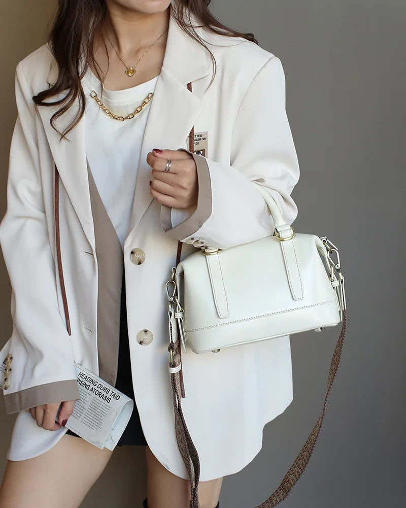 New Genuine Leather Boston Bag for Women First Layer Cowhide Shoulder Crossbody Handbag Elegant Versatile Top Handle Purse