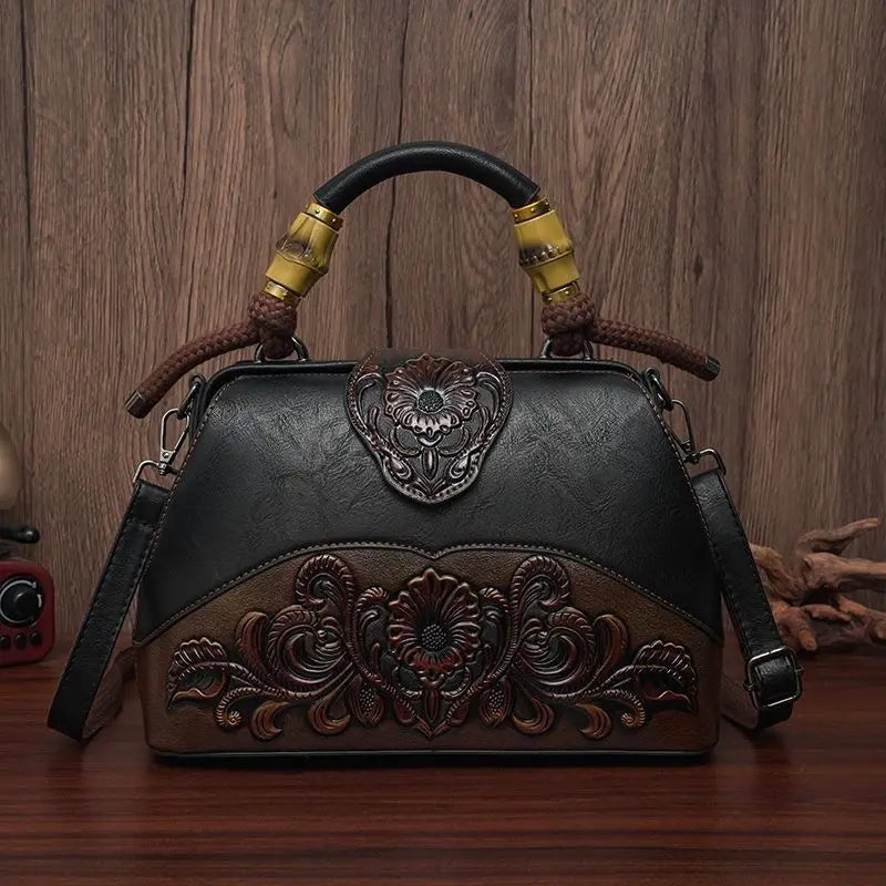 The New Ethnic Style Embossed Cowhide Boston Bag Fashion Handbag Women Trendy Crossbody Bags Mothers High-end Women Package