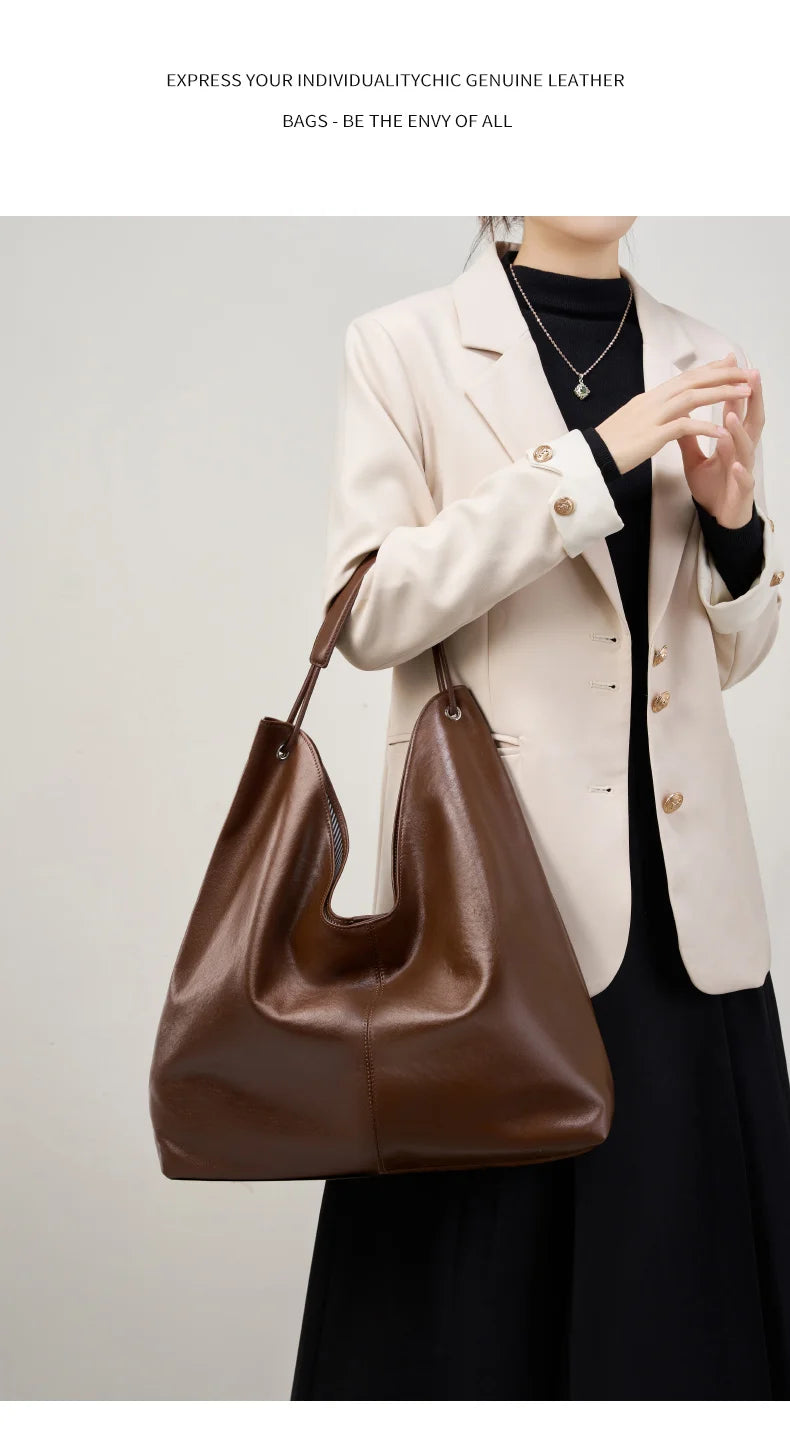 BURMINSA Large Genuine Leather Hobo Shoulder Bag For Women Slouchy Cowhide Work Tote Office Commuter Shopper Underarm Handbags