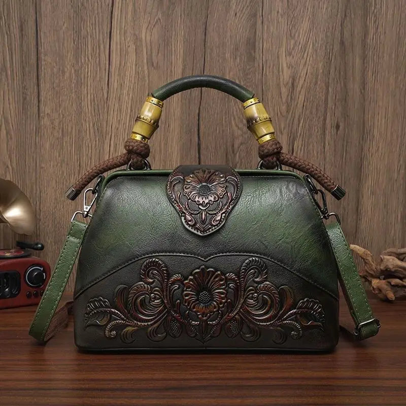 The New Ethnic Style Embossed Cowhide Boston Bag Fashion Handbag Women Trendy Crossbody Bags Mothers High-end Women Package