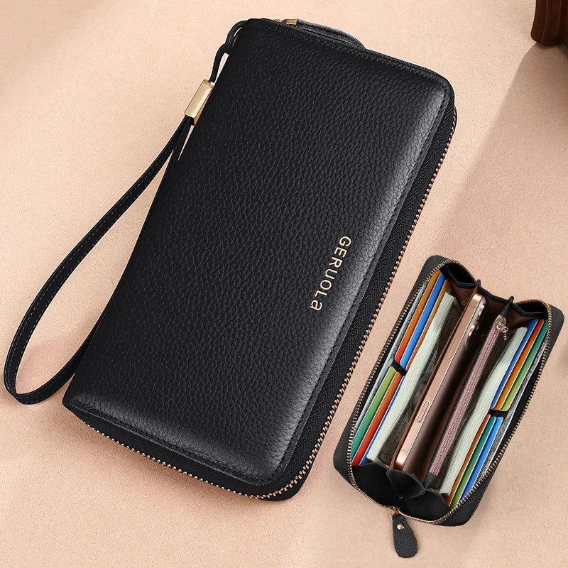 GERUOLA Anti-Theft RFID Blocking Long Sleeve Wallet with Zipper Closure, Red Genuine Leather Money Clip with Zipper Pocket, Dura