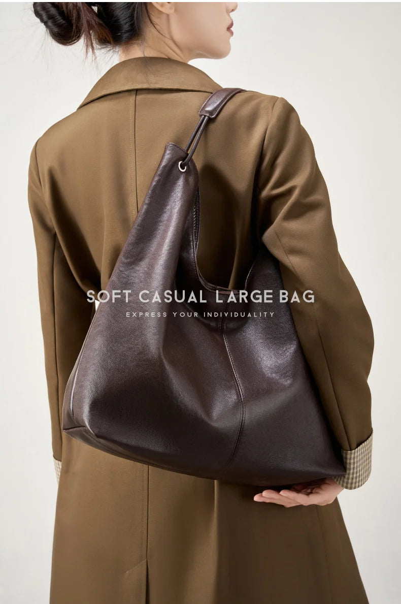BURMINSA Large Genuine Leather Hobo Shoulder Bag For Women Slouchy Cowhide Work Tote Office Commuter Shopper Underarm Handbags