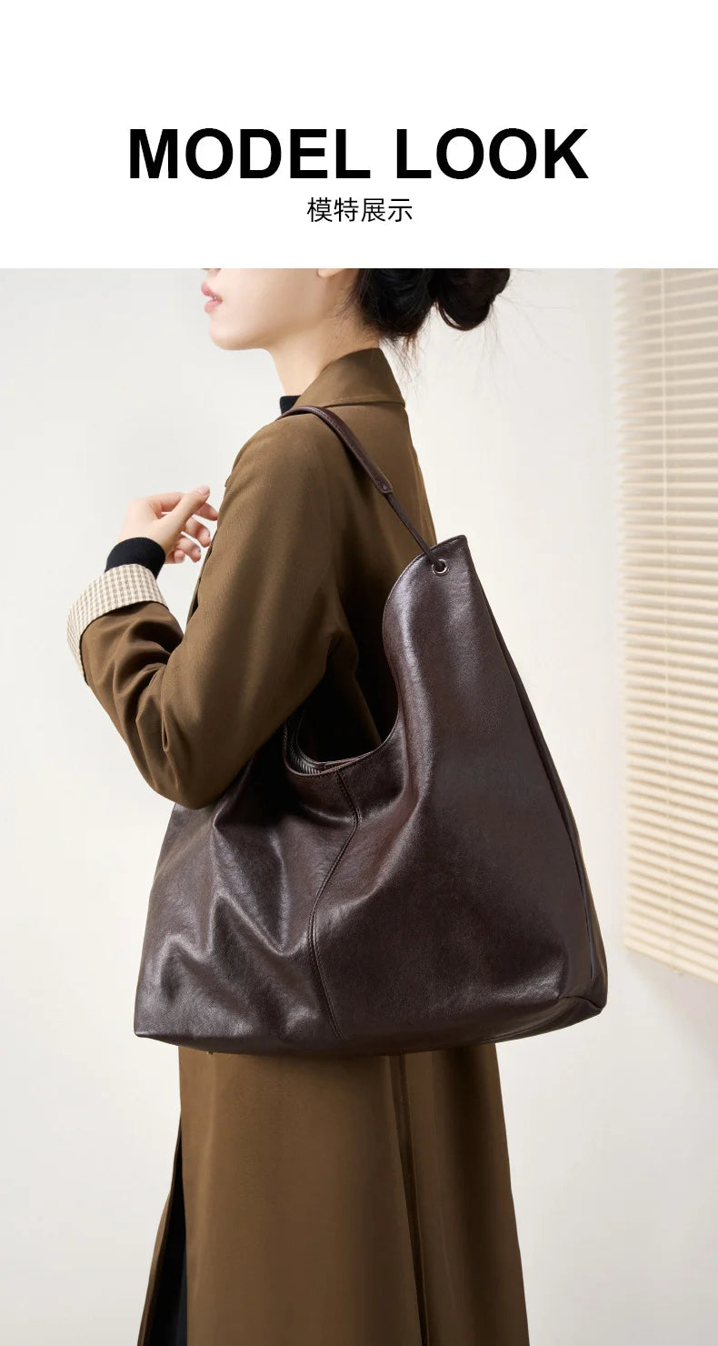 BURMINSA Large Genuine Leather Hobo Shoulder Bag For Women Slouchy Cowhide Work Tote Office Commuter Shopper Underarm Handbags
