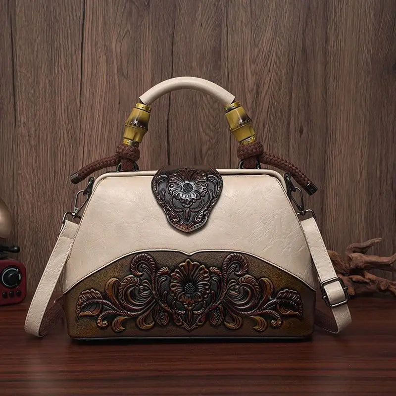 The New Ethnic Style Embossed Cowhide Boston Bag Fashion Handbag Women Trendy Crossbody Bags Mothers High-end Women Package