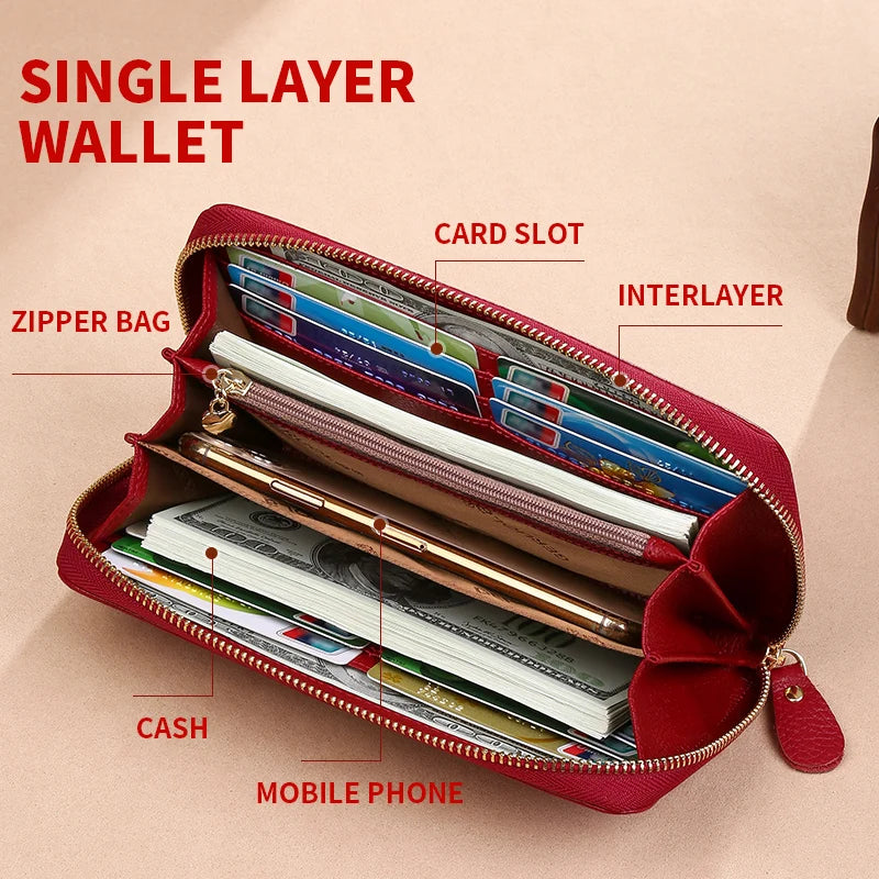 GERUOLA Anti-Theft RFID Blocking Long Sleeve Wallet with Zipper Closure, Red Genuine Leather Money Clip with Zipper Pocket, Dura