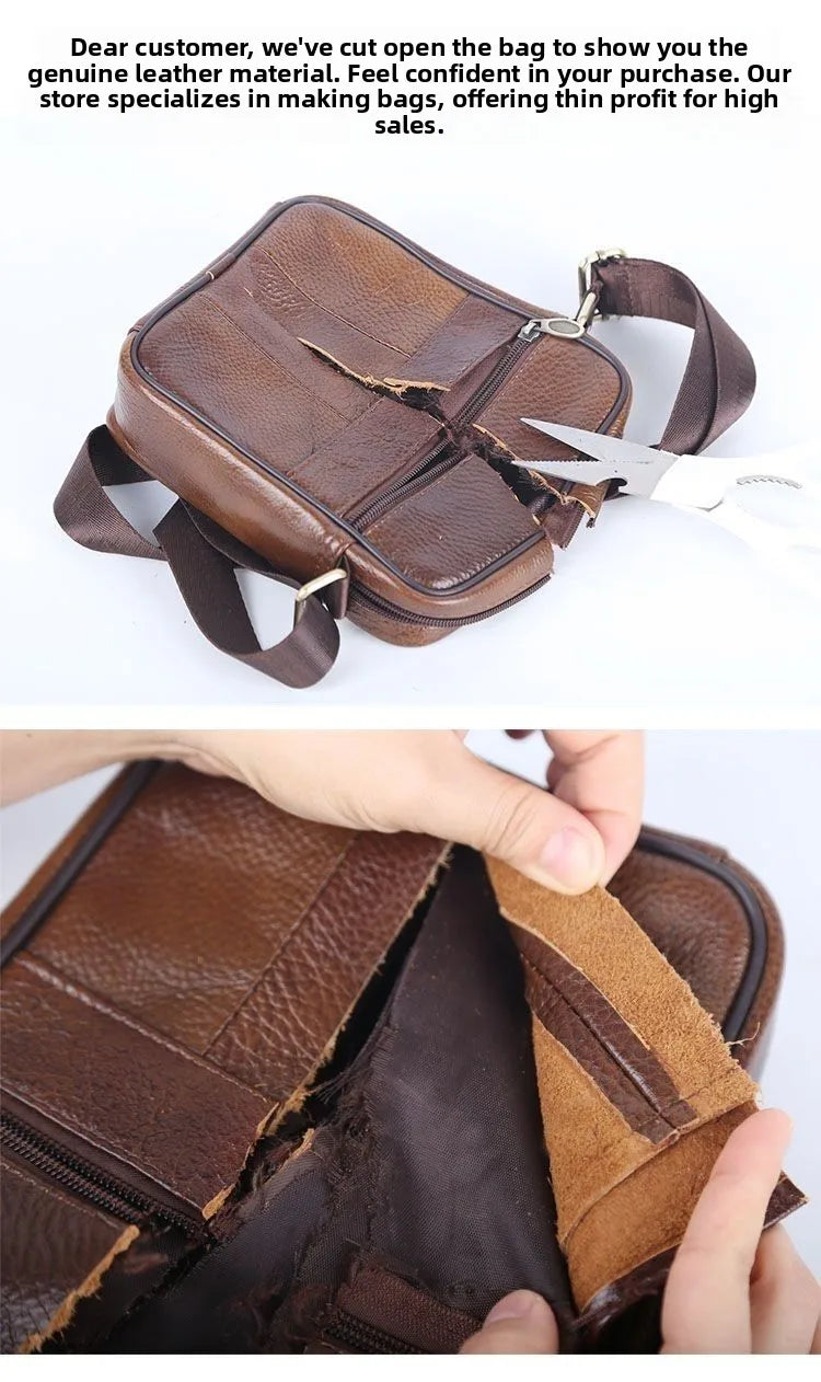 Genuine Leather Men's Shoulder Bag Cowhide Crossbody Business Backpack Multi-Layered Briefcase American Retro Style