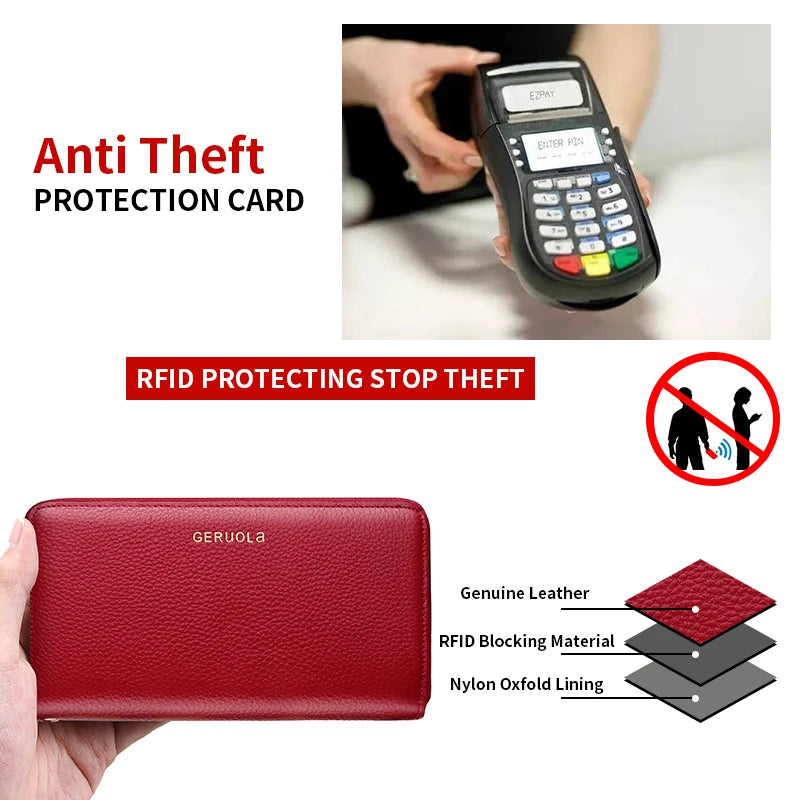 GERUOLA Anti-Theft RFID Blocking Long Sleeve Wallet with Zipper Closure, Red Genuine Leather Money Clip with Zipper Pocket, Dura