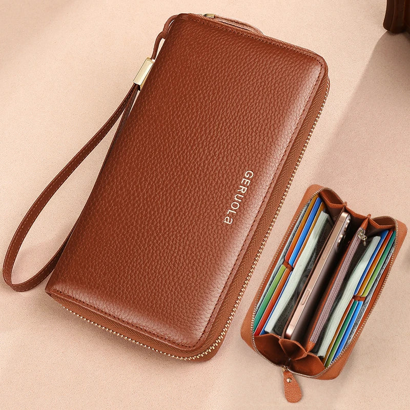 GERUOLA Anti-Theft RFID Blocking Long Sleeve Wallet with Zipper Closure, Red Genuine Leather Money Clip with Zipper Pocket, Dura
