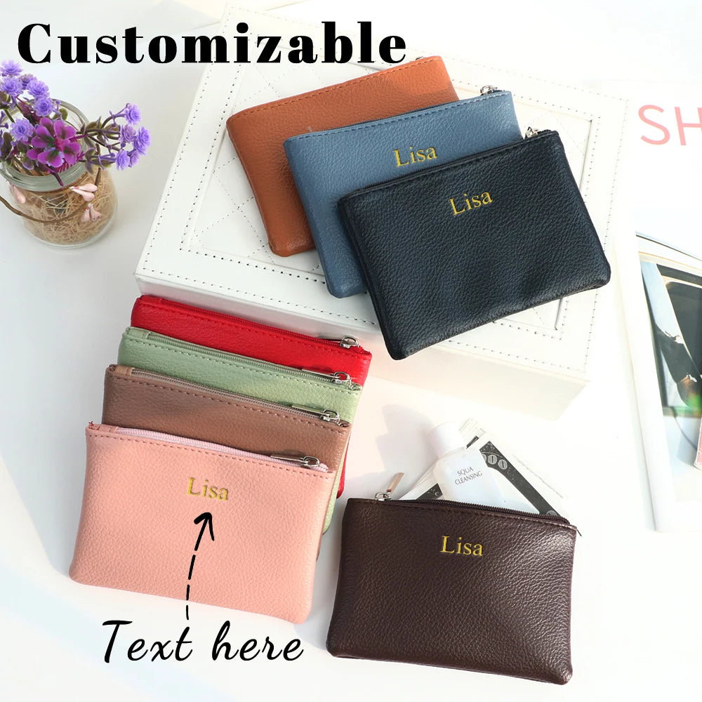 Customized Name PU Leather Wallet Suitable for Both Men and Women, Small Size, Ultra-Thin, with Zipper Closure, Money Bag