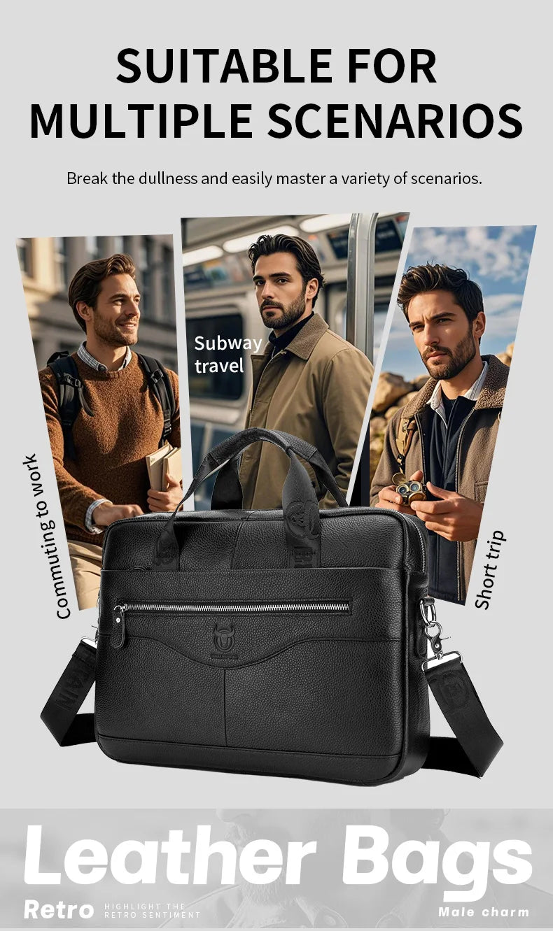 BULLCAPTAIN Briefcase Shoulder Messenger Bags Men's Genuine Leather 14-inch Laptop Bag's Men's Briefcase Office Business Handbag