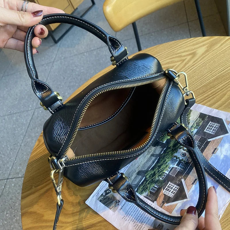 New Genuine Leather Boston Bag for Women First Layer Cowhide Shoulder Crossbody Handbag Elegant Versatile Top Handle Purse