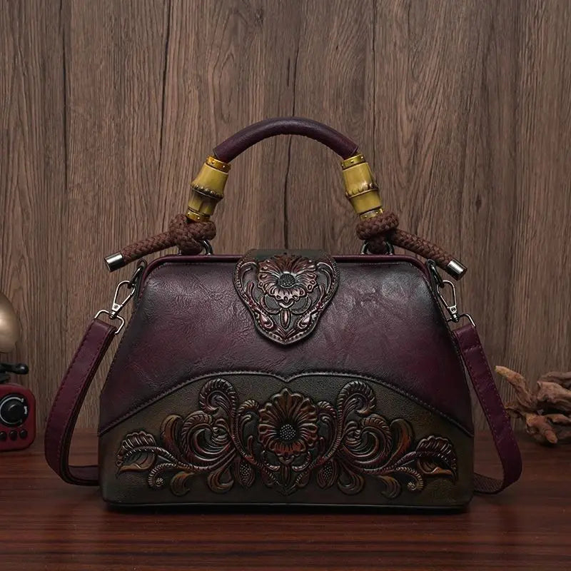 The New Ethnic Style Embossed Cowhide Boston Bag Fashion Handbag Women Trendy Crossbody Bags Mothers High-end Women Package