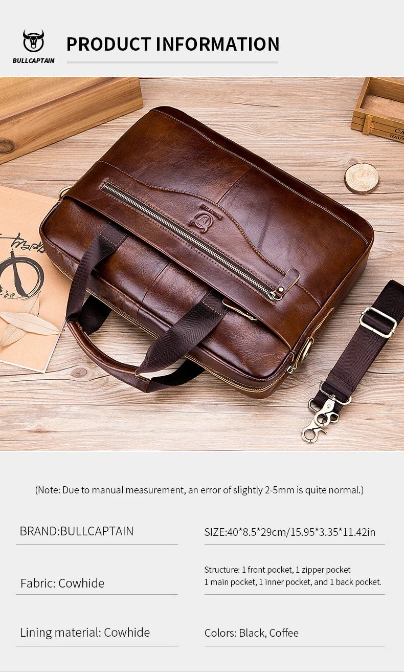 BULLCAPTAIN Briefcase Shoulder Messenger Bags Men's Genuine Leather 14-inch Laptop Bag's Men's Briefcase Office Business Handbag