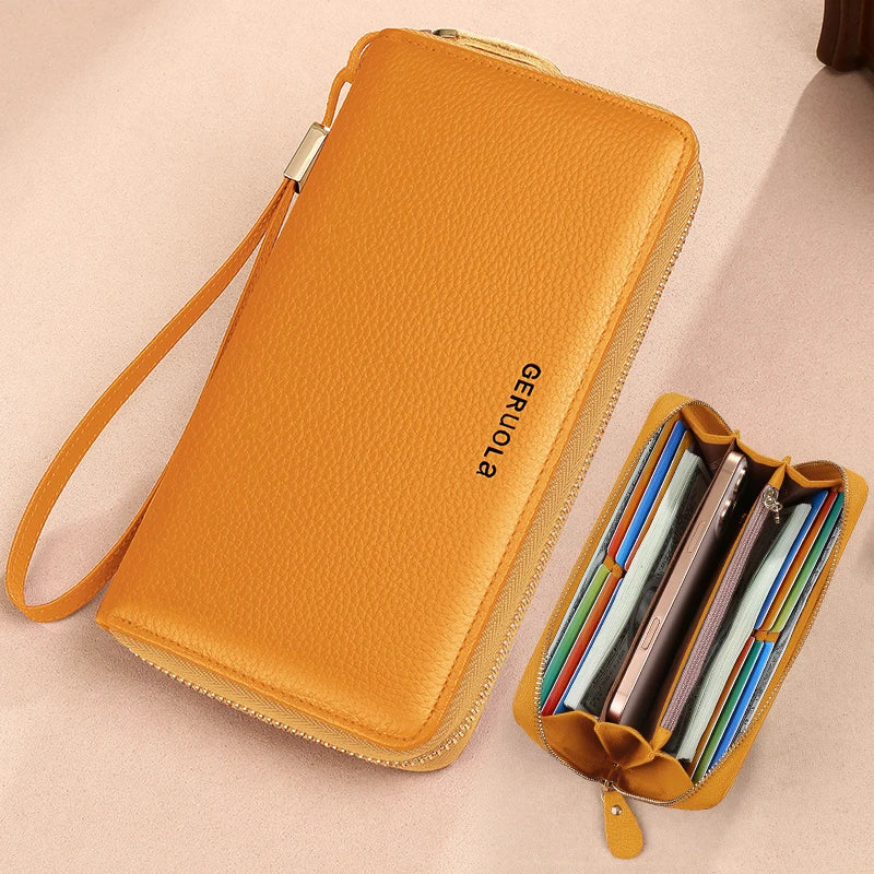 GERUOLA Anti-Theft RFID Blocking Long Sleeve Wallet with Zipper Closure, Red Genuine Leather Money Clip with Zipper Pocket, Dura