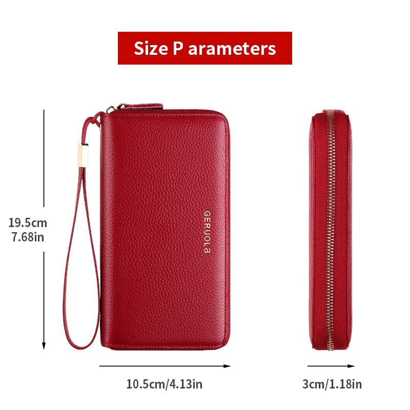 GERUOLA Anti-Theft RFID Blocking Long Sleeve Wallet with Zipper Closure, Red Genuine Leather Money Clip with Zipper Pocket, Dura