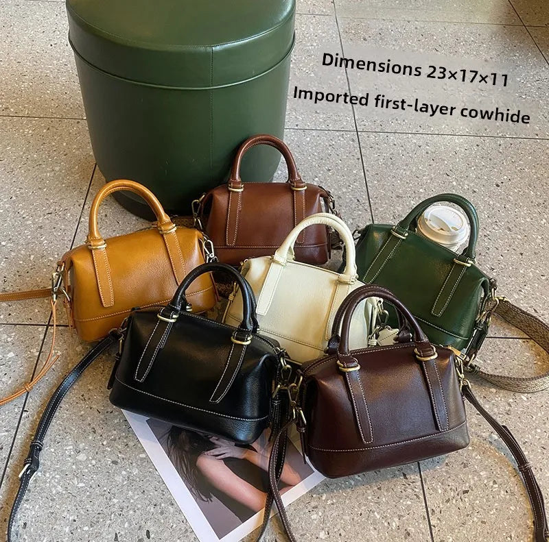 New Genuine Leather Boston Bag for Women First Layer Cowhide Shoulder Crossbody Handbag Elegant Versatile Top Handle Purse