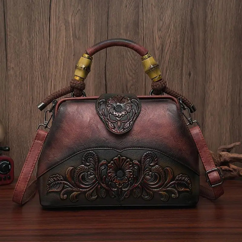 The New Ethnic Style Embossed Cowhide Boston Bag Fashion Handbag Women Trendy Crossbody Bags Mothers High-end Women Package