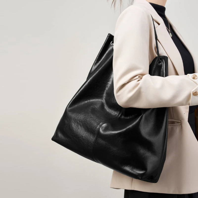 BURMINSA Large Genuine Leather Hobo Shoulder Bag For Women Slouchy Cowhide Work Tote Office Commuter Shopper Underarm Handbags