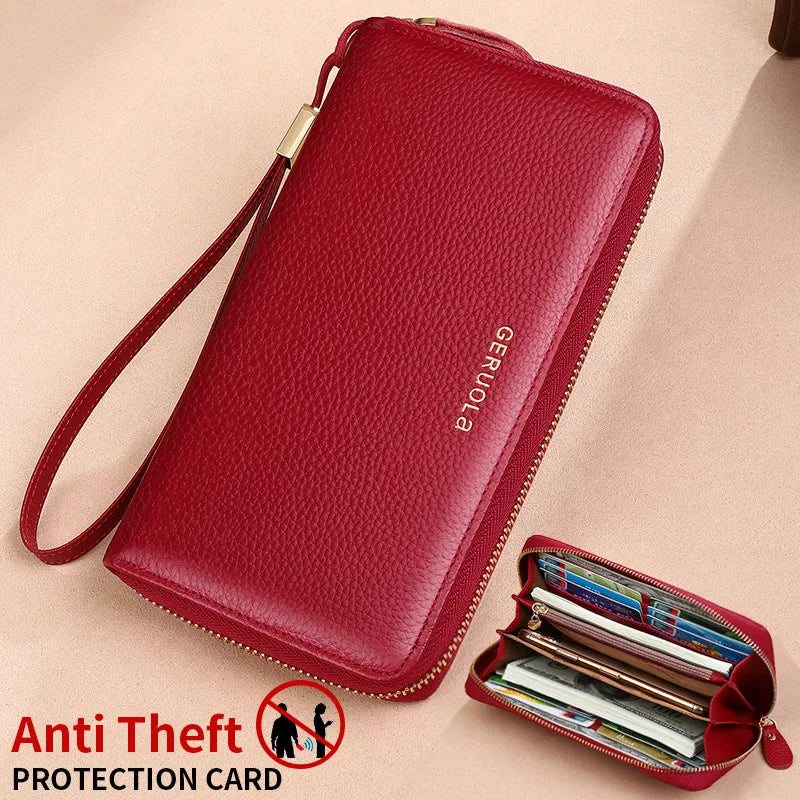 GERUOLA Anti-Theft RFID Blocking Long Sleeve Wallet with Zipper Closure, Red Genuine Leather Money Clip with Zipper Pocket, Dura