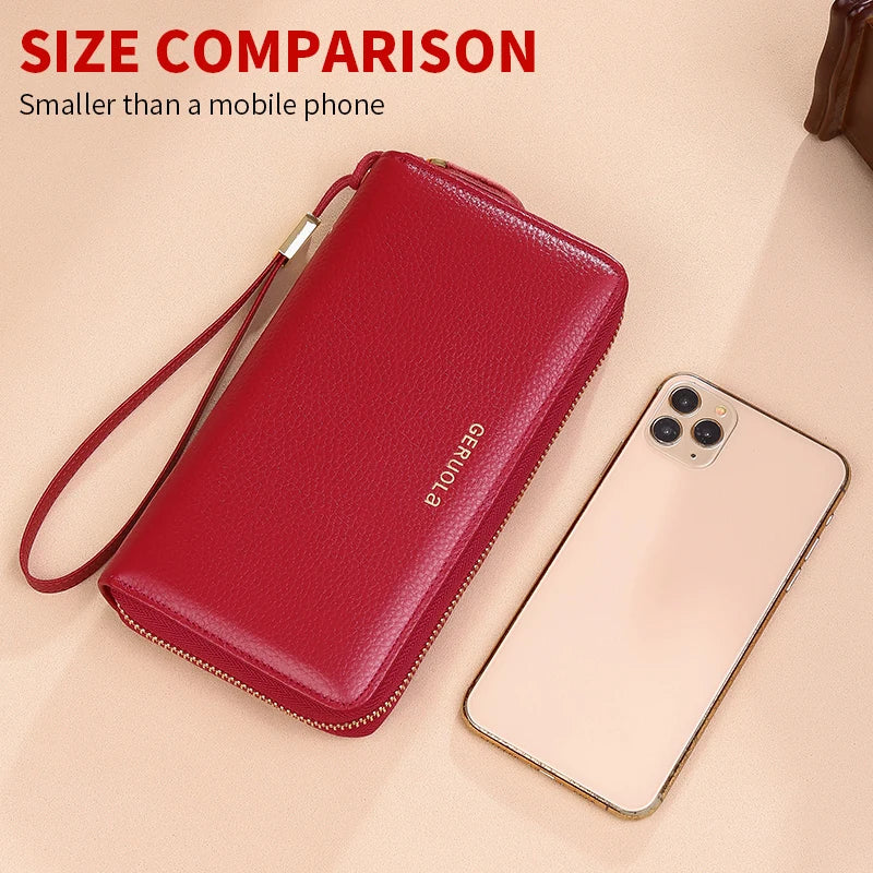GERUOLA Anti-Theft RFID Blocking Long Sleeve Wallet with Zipper Closure, Red Genuine Leather Money Clip with Zipper Pocket, Dura