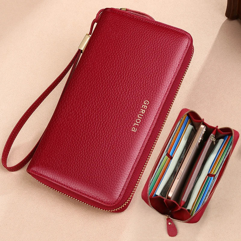 GERUOLA Anti-Theft RFID Blocking Long Sleeve Wallet with Zipper Closure, Red Genuine Leather Money Clip with Zipper Pocket, Dura