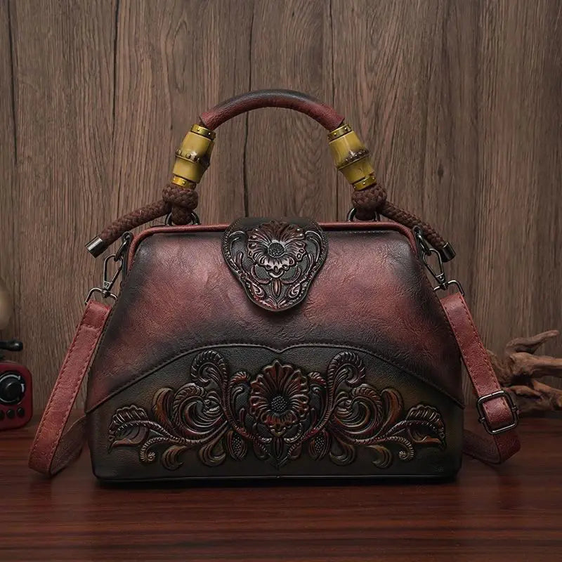 The New Ethnic Style Embossed Cowhide Boston Bag Fashion Handbag Women Trendy Crossbody Bags Mothers High-end Women Package