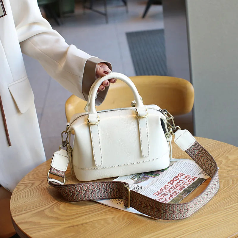 New Genuine Leather Boston Bag for Women First Layer Cowhide Shoulder Crossbody Handbag Elegant Versatile Top Handle Purse