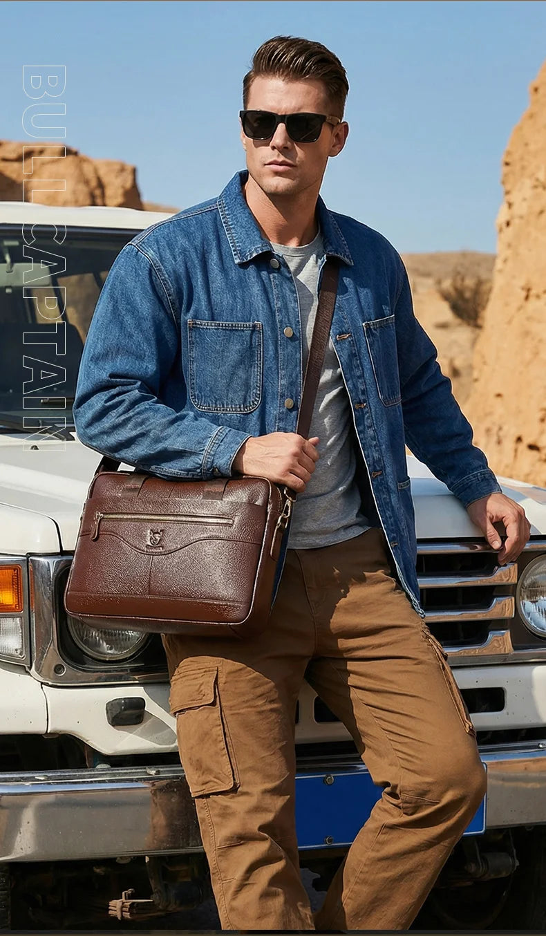 BULLCAPTAIN Briefcase Shoulder Messenger Bags Men's Genuine Leather 14-inch Laptop Bag's Men's Briefcase Office Business Handbag