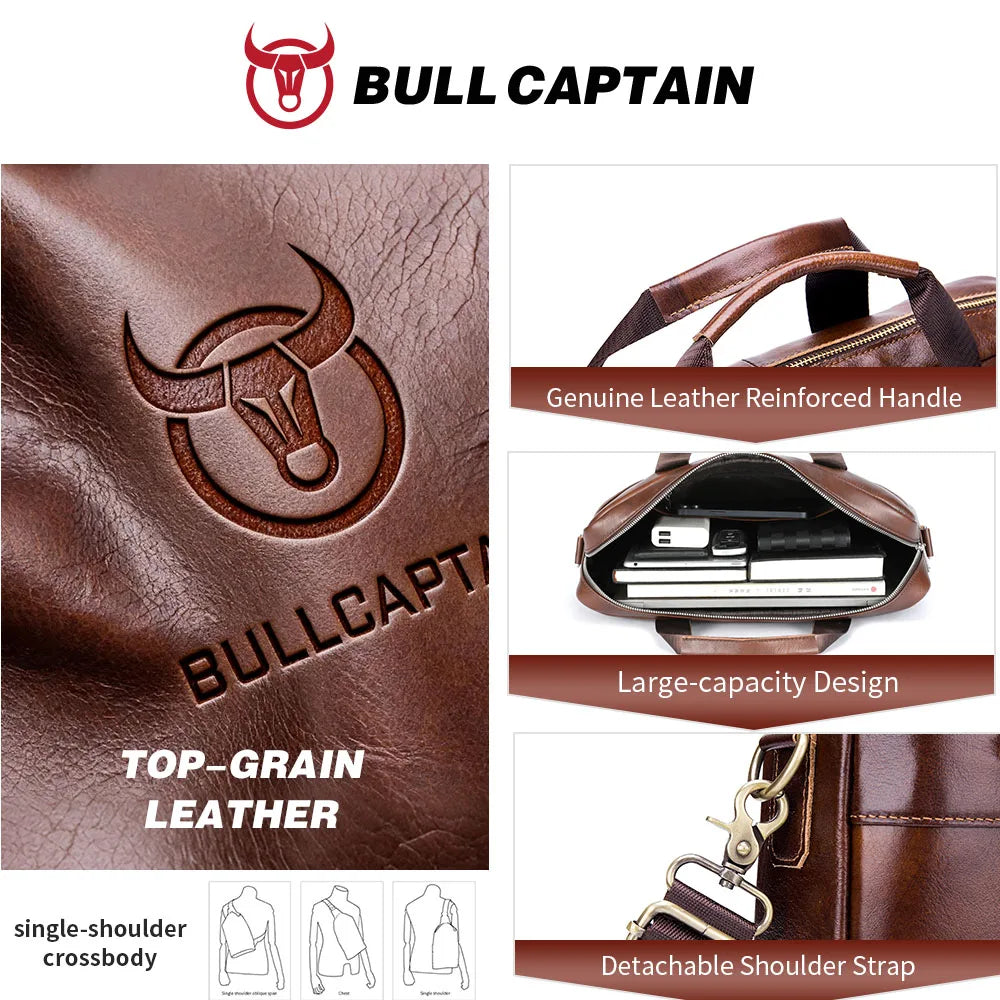 BULLCAPTAIN Briefcase Shoulder Messenger Bags Men's Genuine Leather 14-inch Laptop Bag's Men's Briefcase Office Business Handbag
